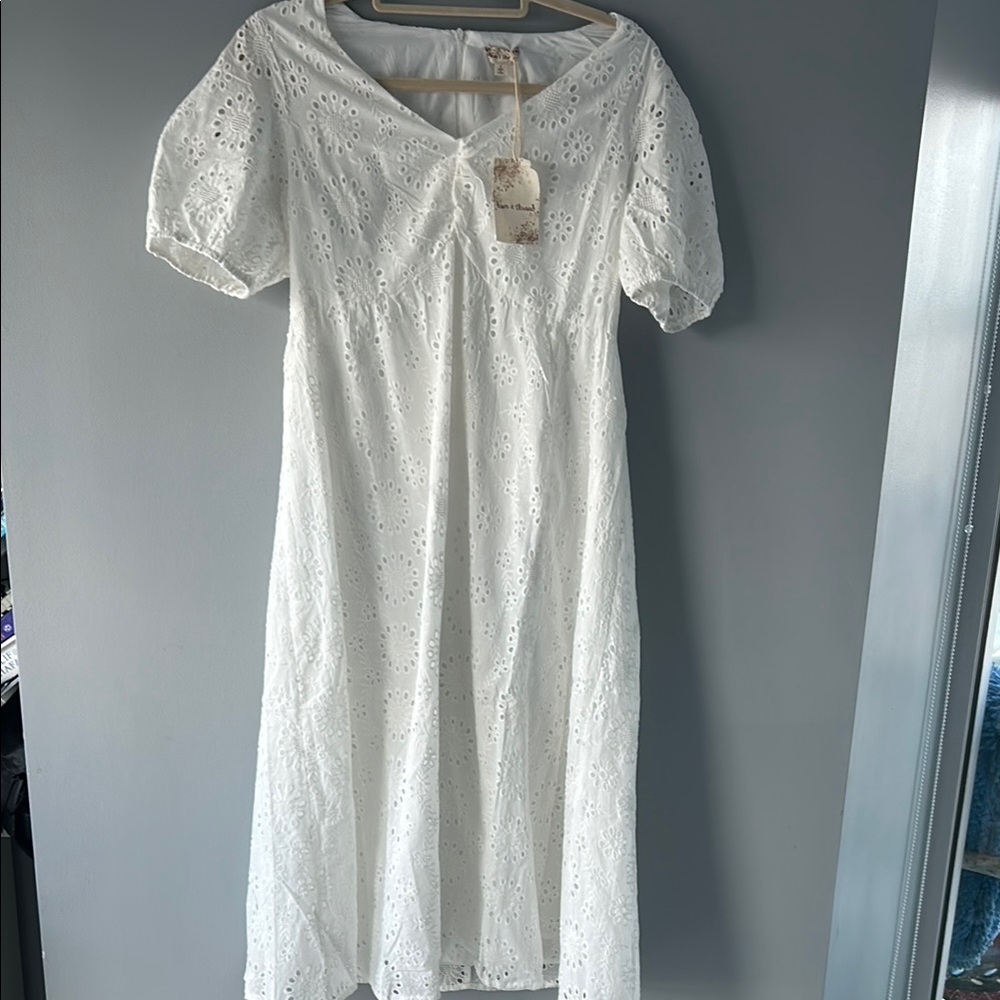 Hem & Thread White Puff Sleeve Scoop Neck Midi Dress